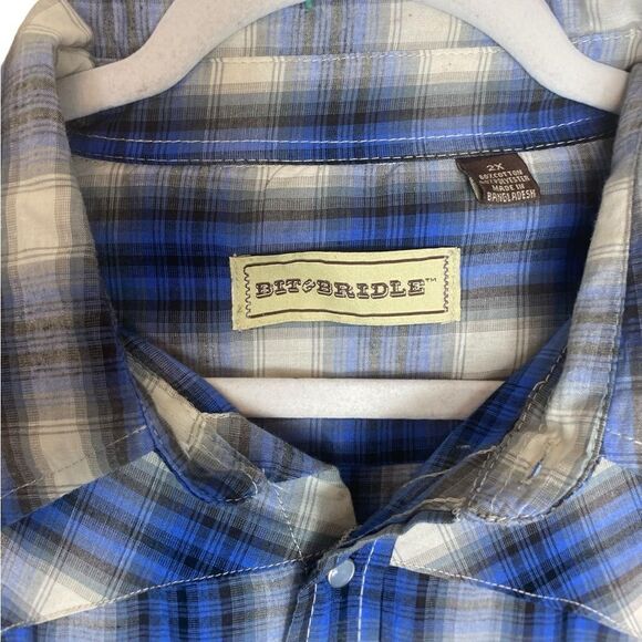 Bit & Bridle Blue Short Sleeve Pearl Snap Plaid Casual Western Shirt Mens Sz 2XL - Picture 4 of 4
